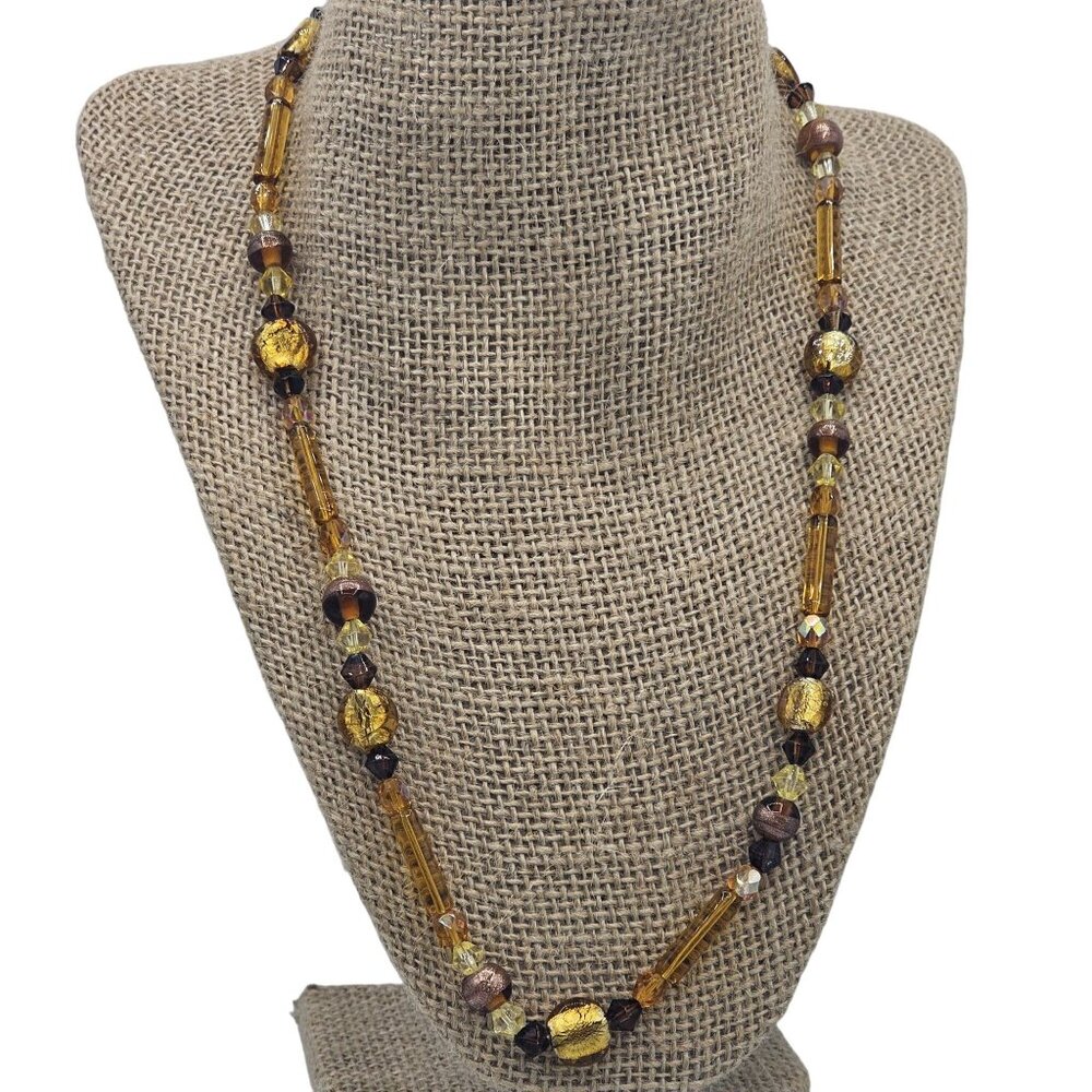 Artisan Bead Necklace Faux Amber Glass Crystal Gold Brown Tones Vintage Beads